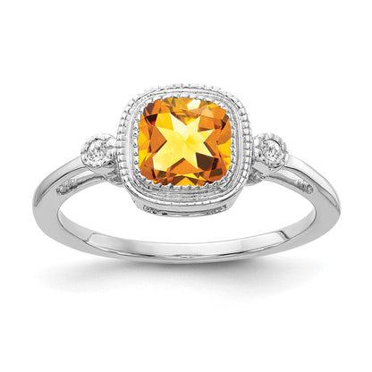 14K Weißgold Ring mit Citrin im Kissenschliff und echten Diamanten