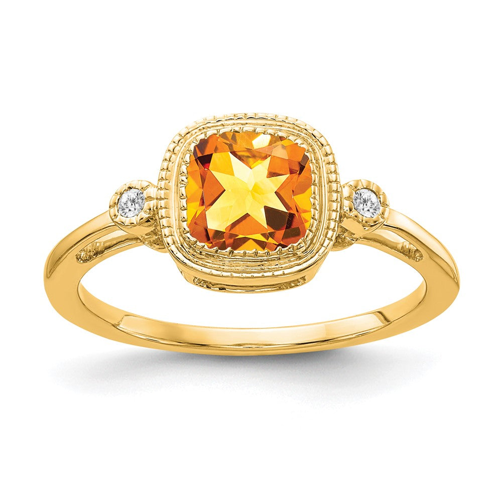 14K Gelbgold Ring mit Kissenschliff-Citrin und echten Diamanten
