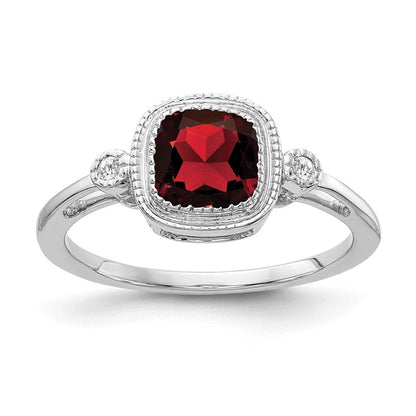 14K Weißgold Ring mit Kissenschliff-Granat und echten Diamanten