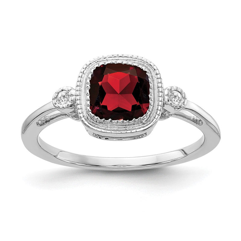 14K Weißgold Ring mit Kissenschliff-Granat und echten Diamanten
