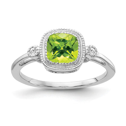 14K Weißgold Ring mit Kissenschliff-Peridot und echten Diamanten