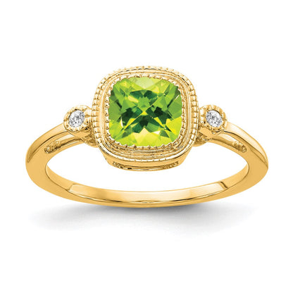 14K Gelbgold Ring mit Kissenschliff-Peridot und echtem Diamant
