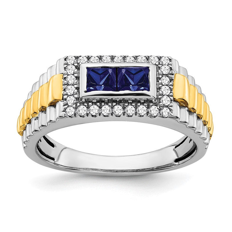 14K Bicolor Gold Ring mit Saphir und echtem Diamant für Herren