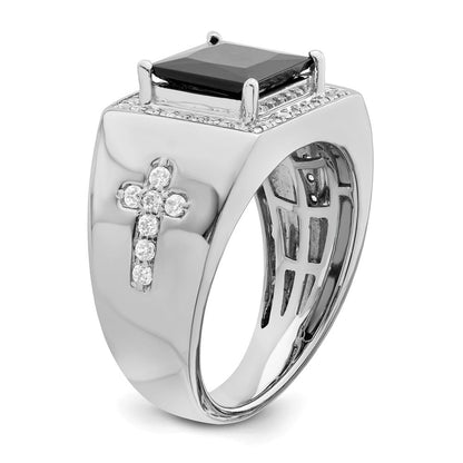 14K Weißgold Herrenring mit Onyx und echten Diamanten in Kreuzform