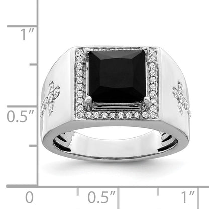 14K Weißgold Herrenring mit Onyx und echten Diamanten in Kreuzform
