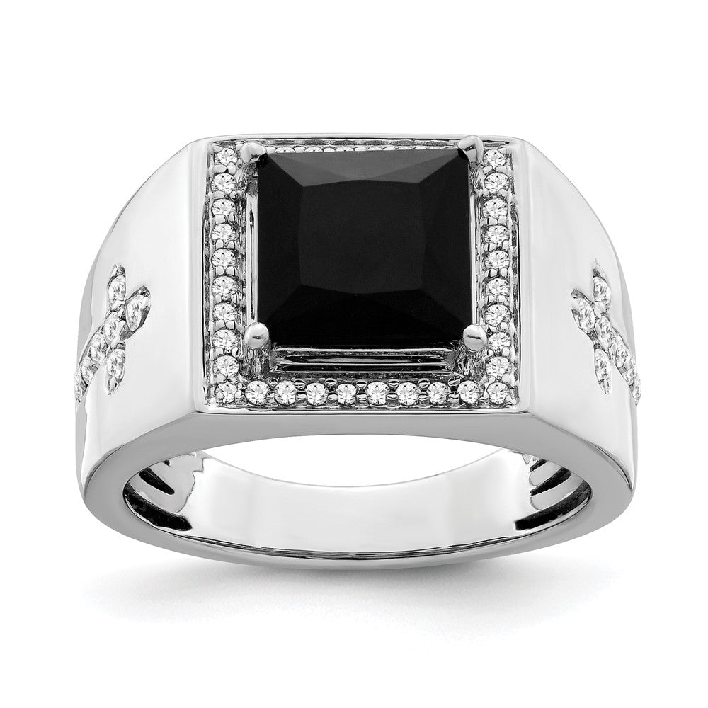 14K Weißgold Herrenring mit Onyx und echten Diamanten in Kreuzform