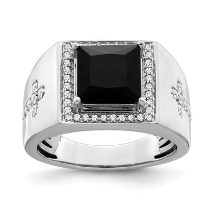 14K Weißgold Herrenring mit Onyx und echten Diamanten in Kreuzform
