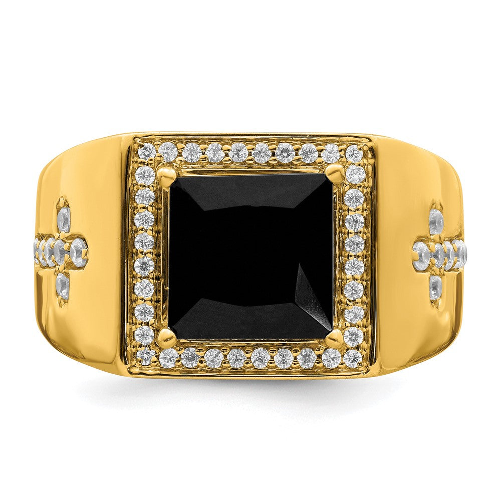 Herrenring aus 14K Gelbgold mit seitlichem Kreuz, 0,5 ct. Labordiamant VS/SI+ G+ und Onyx