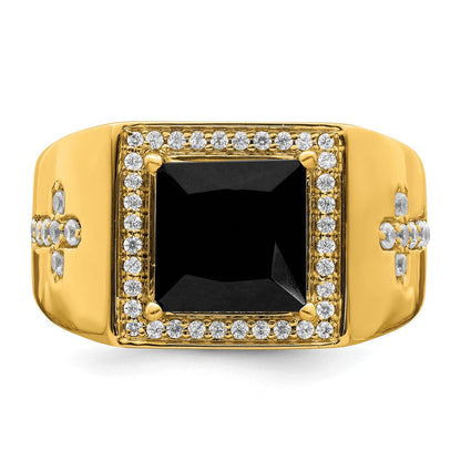 Herrenring aus 14K Gelbgold mit seitlichem Kreuz, 0,5 ct. Labordiamant VS/SI+ G+ und Onyx