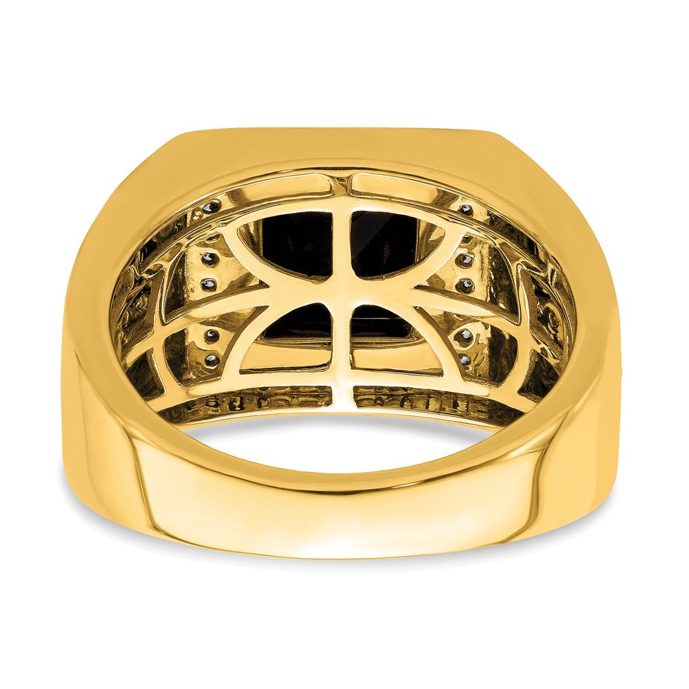 Herrenring aus 14K Gelbgold mit seitlichem Kreuz, 0,5 ct. Labordiamant VS/SI+ G+ und Onyx