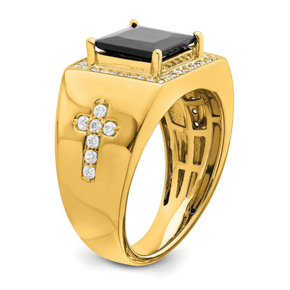 14K Gelbgold Herrenring mit Onyx und echten Diamanten in Kreuzform