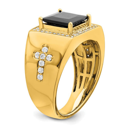 Herrenring aus 14K Gelbgold mit seitlichem Kreuz, 0,5 ct. Labordiamant VS/SI+ G+ und Onyx