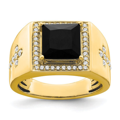 Herrenring aus 14K Gelbgold mit seitlichem Kreuz, 0,5 ct. Labordiamant VS/SI+ G+ und Onyx