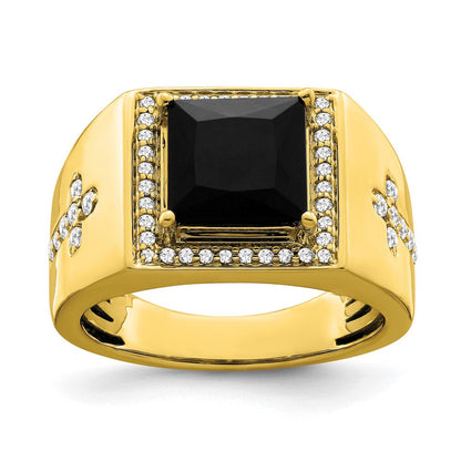 14K Gelbgold Herrenring mit Onyx und echten Diamanten in Kreuzform