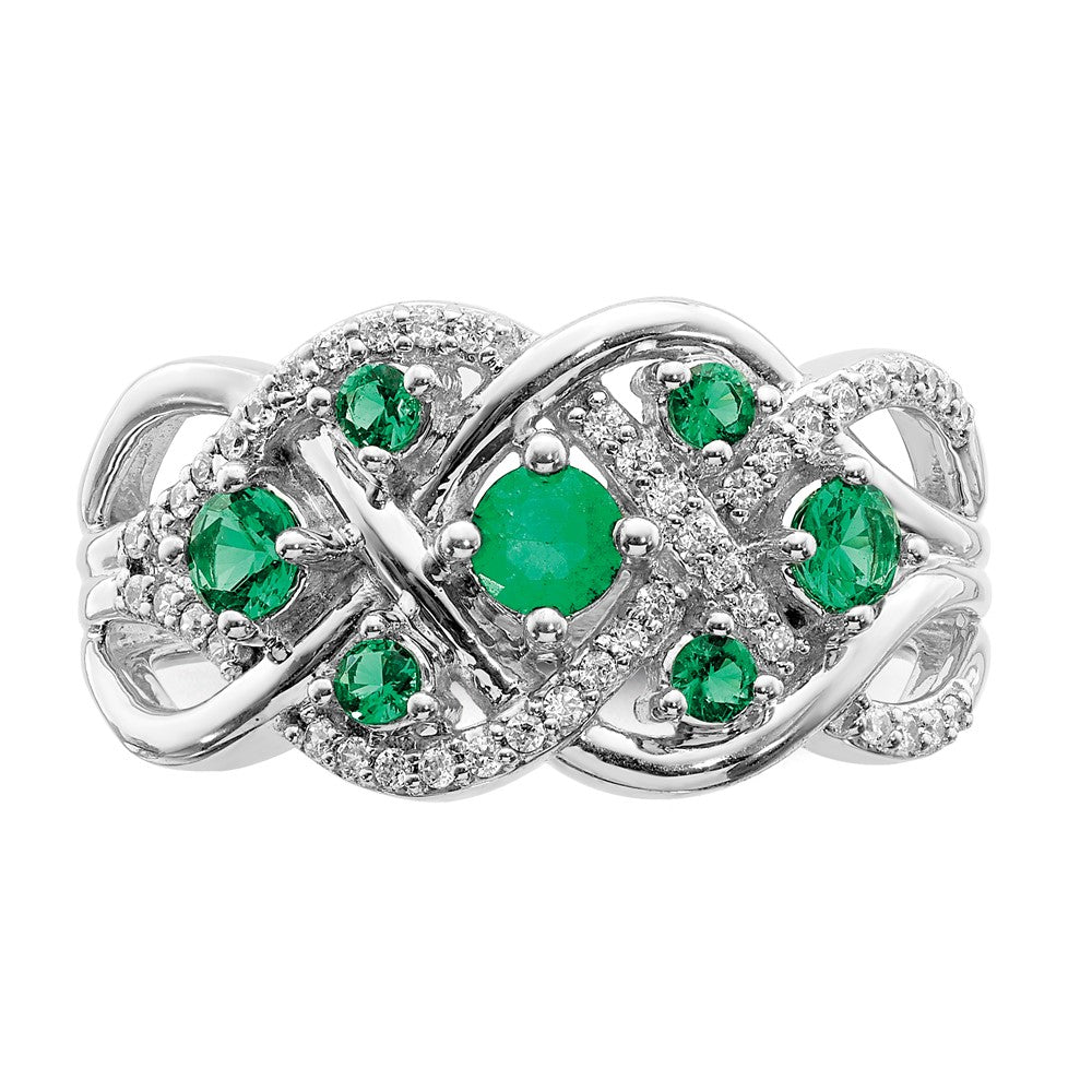 14K Weißgold Ring mit echten Diamanten und Smaragden, ausgefallenes Design