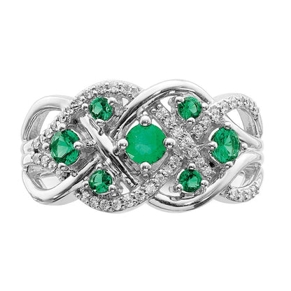 14K Weißgold Ring mit echten Diamanten und Smaragden, ausgefallenes Design