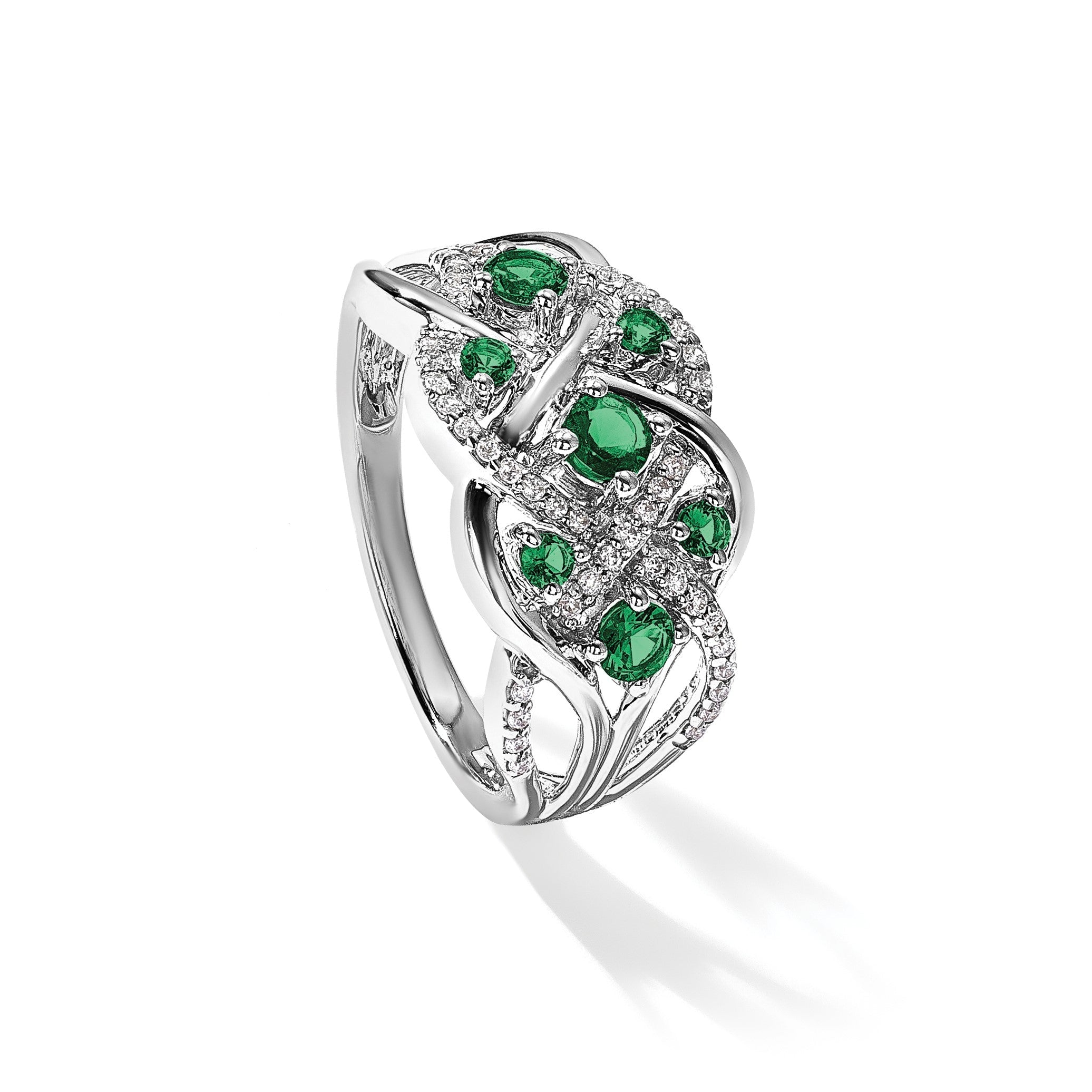 14K Weißgold Ring mit echten Diamanten und Smaragden, ausgefallenes Design