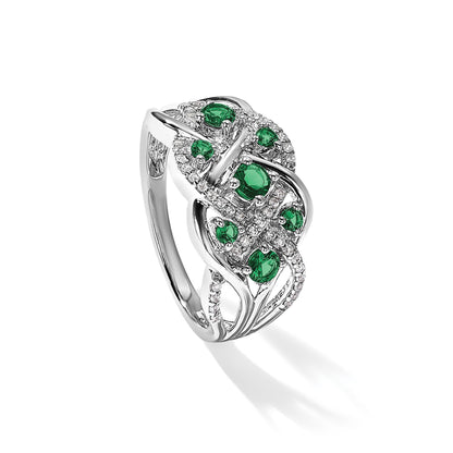 14K Weißgold Ring mit echten Diamanten und Smaragden, ausgefallenes Design