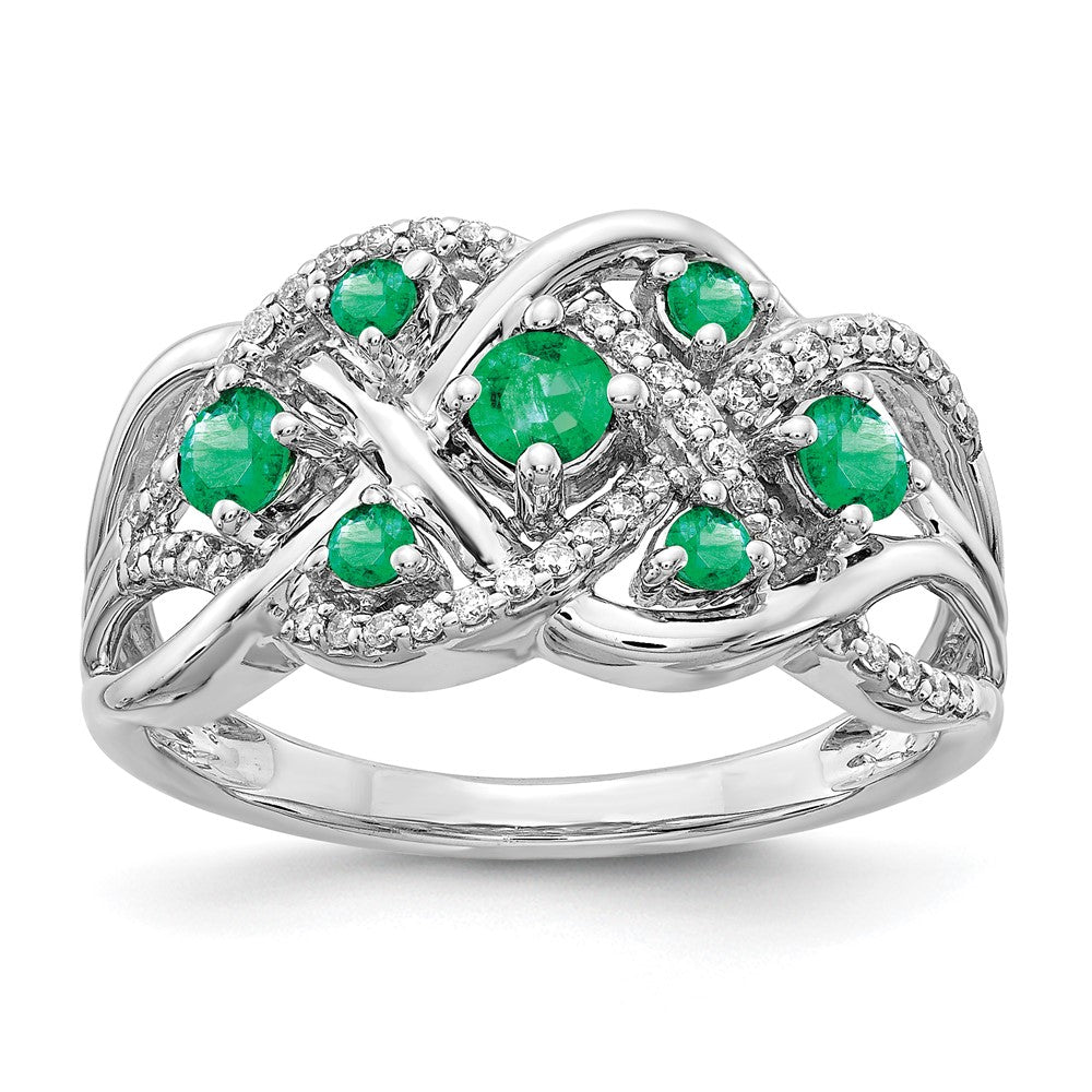 14K Weißgold Ring mit echten Diamanten und Smaragden, ausgefallenes Design
