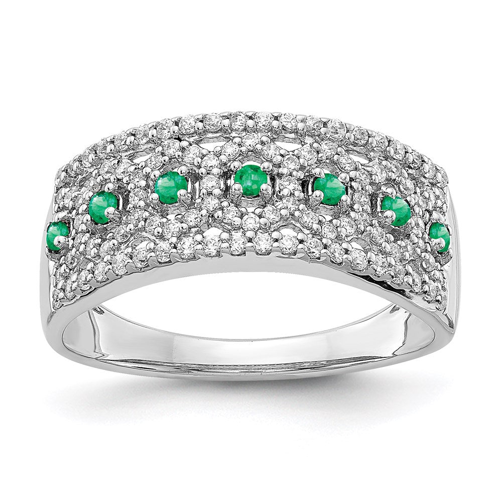 14K Weißgold Ring mit echtem Diamant und Smaragd, Fancy