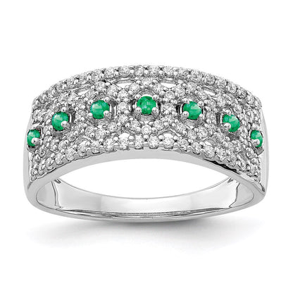 14K Weißgold Ring mit echtem Diamant und Smaragd, Fancy