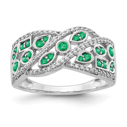 14K Weißgold Ring mit echtem Diamant und Smaragd, Fantasie-Design