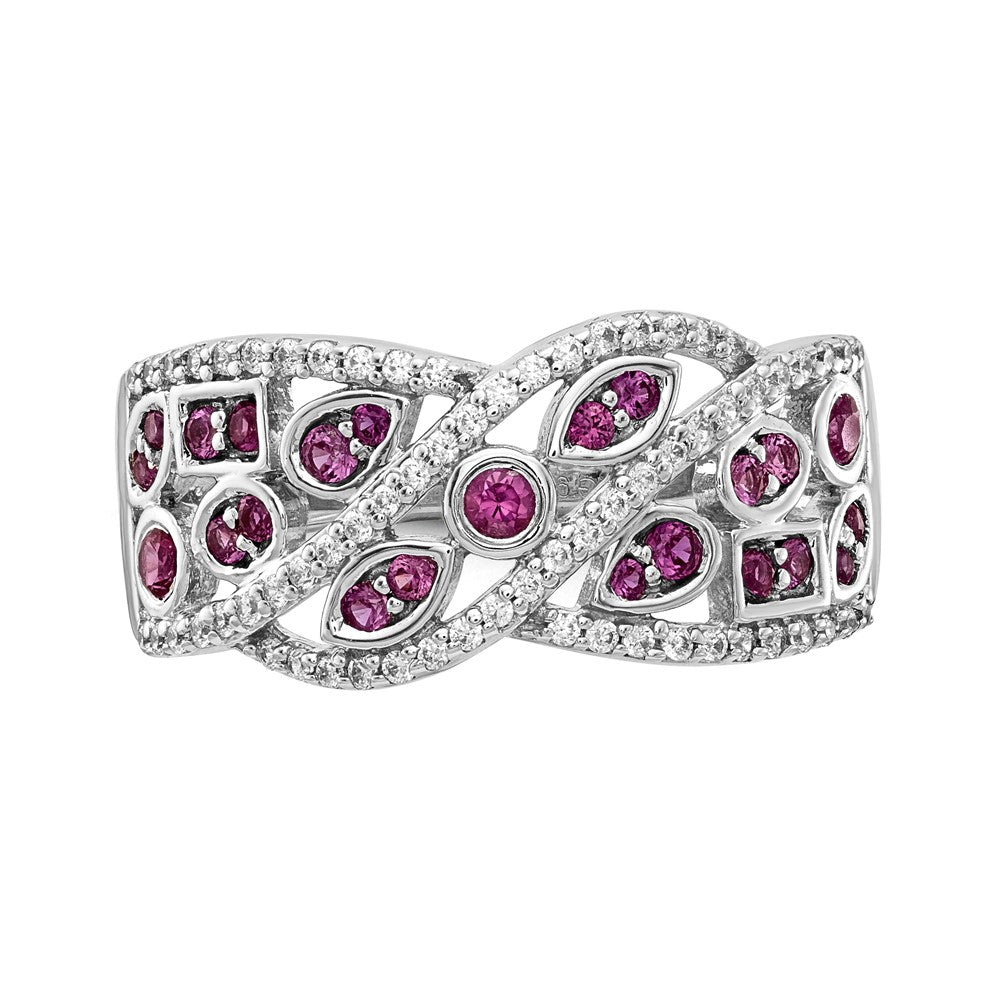 14K Weißgold Ring mit echten Diamanten und Rubinen, Fancy-Design