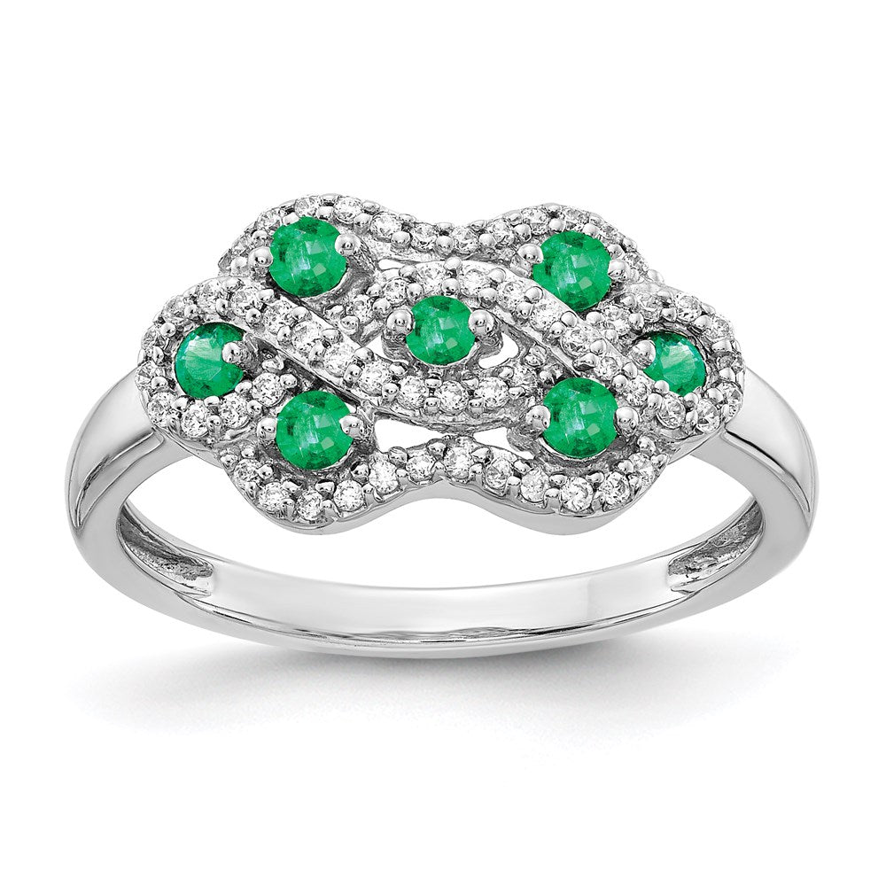 14K Weißgold Ring mit echten Diamanten und Smaragden, ausgefallenes Design
