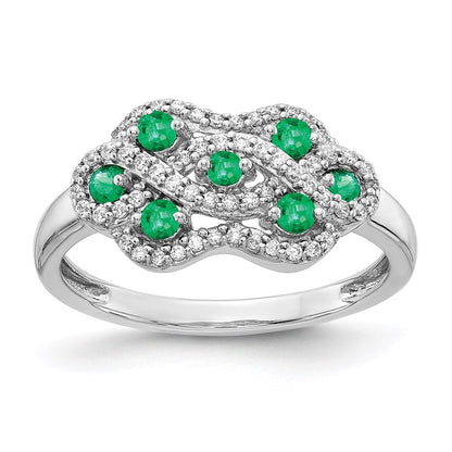 14K Weißgold Ring mit echten Diamanten und Smaragden, ausgefallenes Design