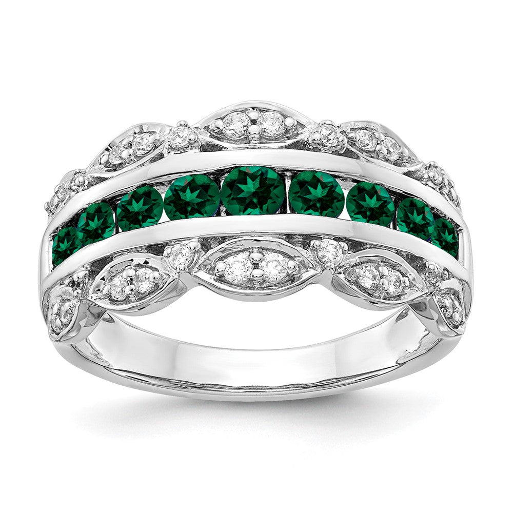 14K Weißgold Ring mit 0,2 ct. im Labor gezüchteten Diamanten VS/SI+ G+ und im Labor gezüchtetem Smaragd, Fancy-Design