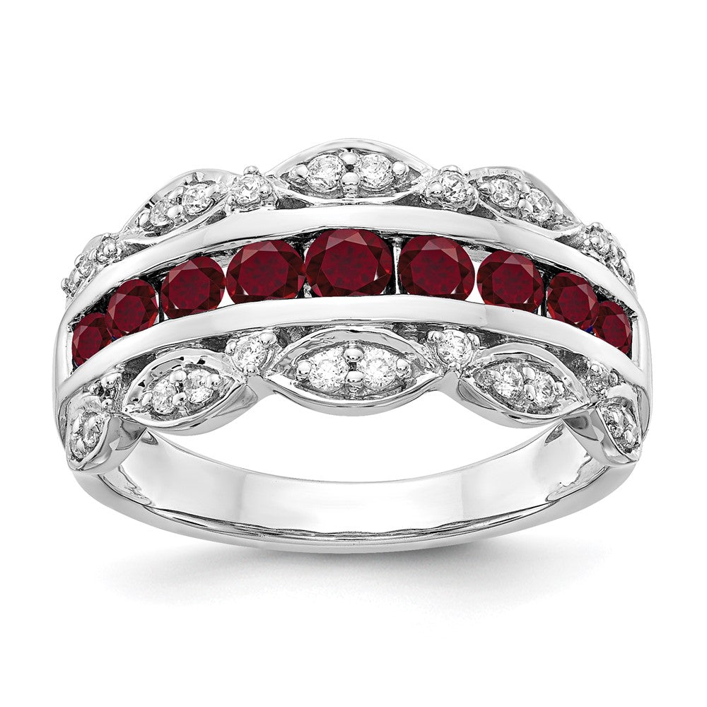 14K Weißgold Ring mit 0,2 ct. im Labor gezüchteten Diamanten VS/SI+ G+ und im Labor gezüchteten Rubinen, ausgefallenes Design