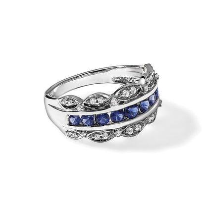 14K Weißgold Ring mit 0,2 ct. im Labor gezüchtetem Diamant VS/SI+ G+ und im Labor gezüchtetem blauem Saphir, Fancy