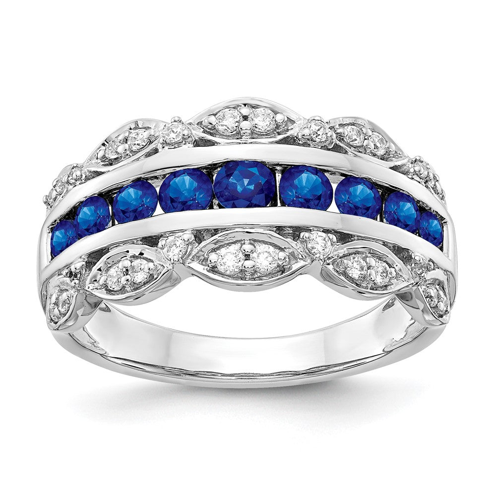 14K Weißgold Ring mit echtem Diamant und Saphir, Fancy