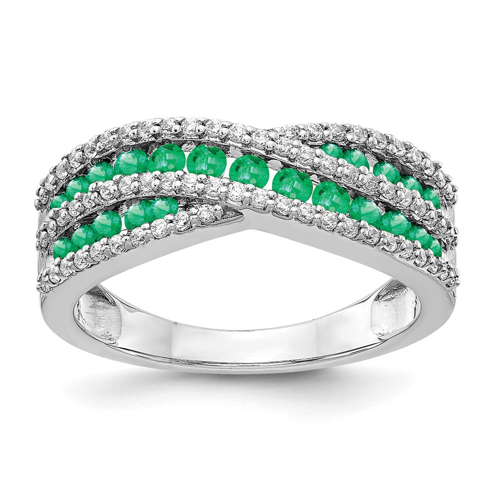 14K Weißgold Ring mit echten Diamanten und Smaragden, Fancy-Design