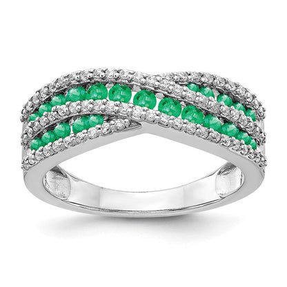 14K Weißgold Ring mit echten Diamanten und Smaragden, Fancy-Design