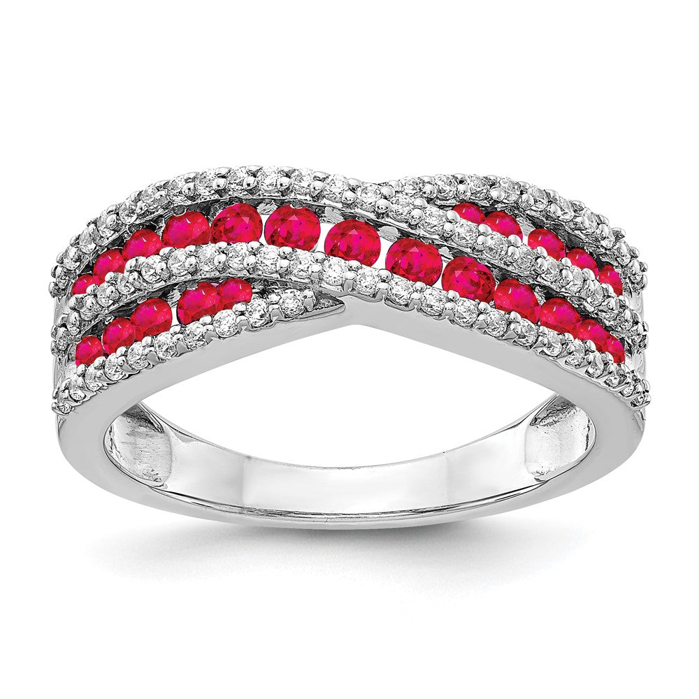 14K Weißgold Ring mit echten Diamanten und Rubinen, Fantasie-Design