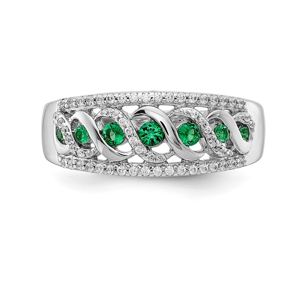 14K Weißgold Ring mit echten Diamanten und Smaragden im ausgefallenen Twist-Design