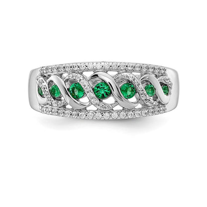 14K Weißgold Ring mit echten Diamanten und Smaragden im ausgefallenen Twist-Design