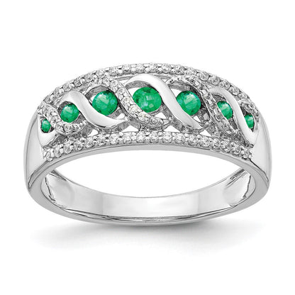 14K Weißgold Ring mit echten Diamanten und Smaragden im ausgefallenen Twist-Design