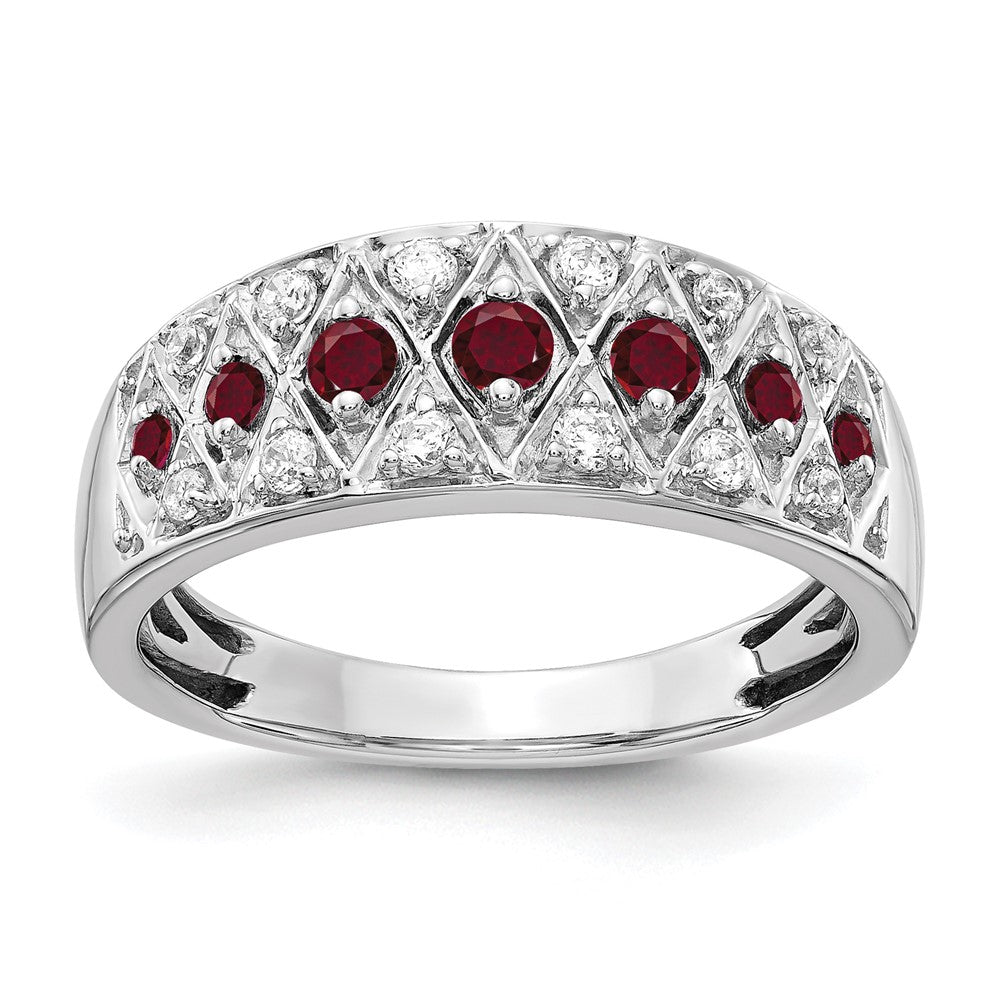 14K Weißgold Ring mit 0,2 ct. im Labor gezüchteten Diamanten VS/SI+ G+ und im Labor gezüchtetem Rubin, Fancy-Schliff