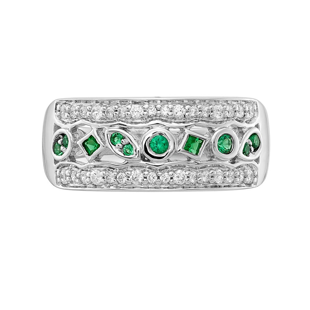 14K Weißgold Ring mit echten Diamanten und Smaragden, Fancy-Design