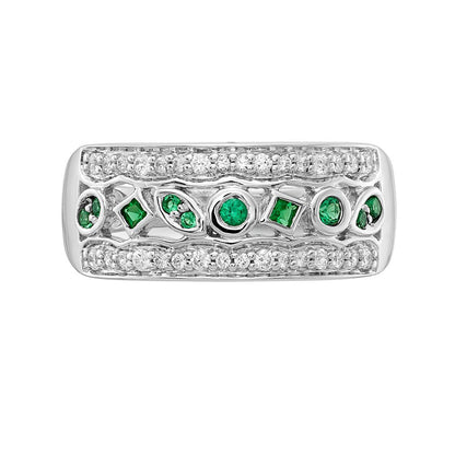 14K Weißgold Ring mit echten Diamanten und Smaragden, Fancy-Design