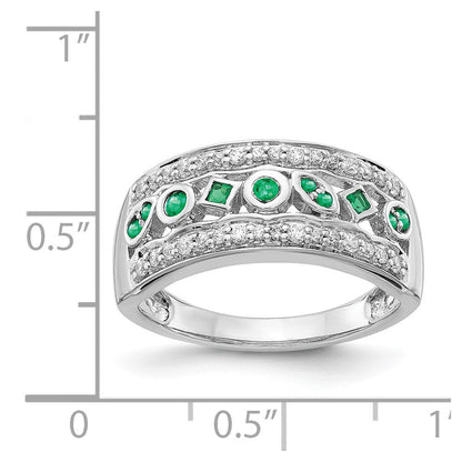 14K Weißgold Ring mit echten Diamanten und Smaragden, Fancy-Design