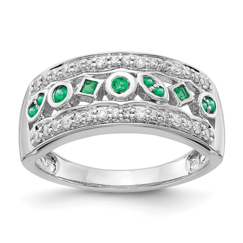 14K Weißgold Ring mit echten Diamanten und Smaragden, Fancy-Design