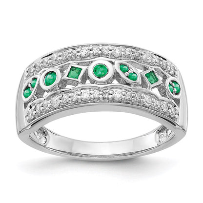 14K Weißgold Ring mit echten Diamanten und Smaragden, Fancy-Design