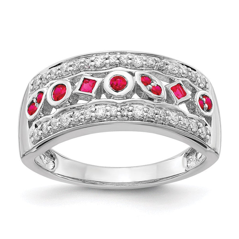 14K Weißgold Ring mit natürlichen Diamanten und Rubinen, Fantasie-Design