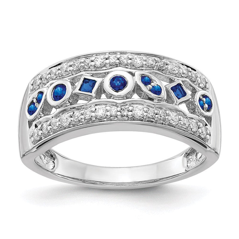 14K Weißgold Ring mit natürlichen Diamanten und blauen Saphiren, Fantasie-Design