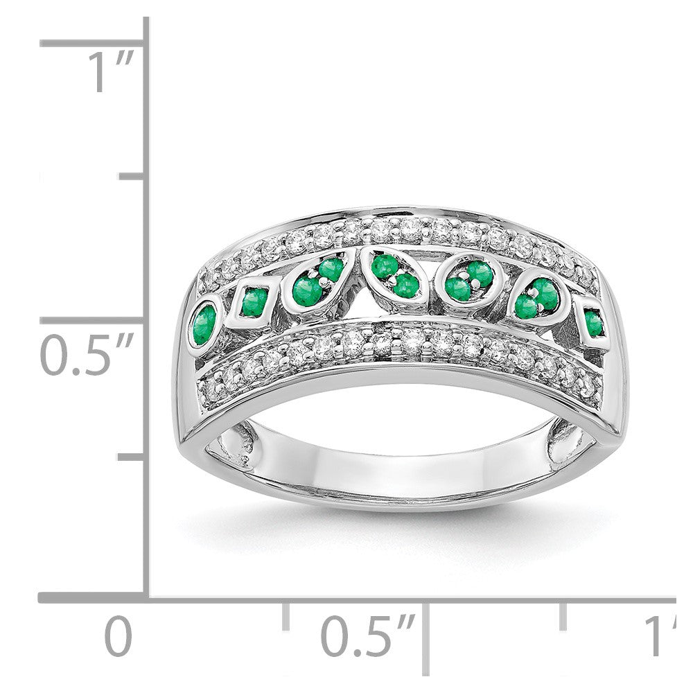 14K Weißgold Ring mit echten Diamanten und Smaragden