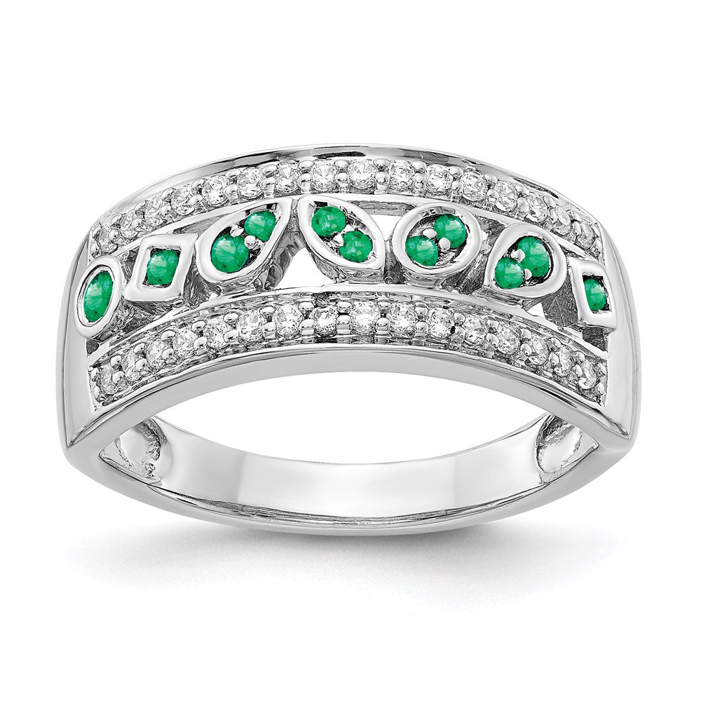 14K Weißgold Ring mit echten Diamanten und Smaragden
