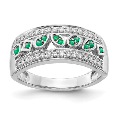 14K Weißgold Ring mit echten Diamanten und Smaragden